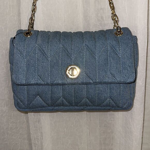 Talbots Gold Tone Chain Strap Leather Trim Quilted Denim BlueβShoulder Bag - Picture 3 of 16